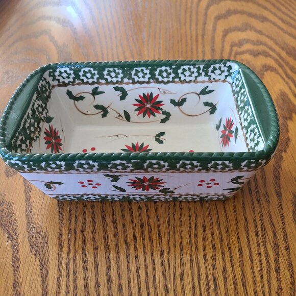 TEMPTATIONS BY TARA OLD WORLD LOAF PAN OVENWARE W/ PLASTIC LID GREEN/RED HOLIDAY - Picture 1 of 8